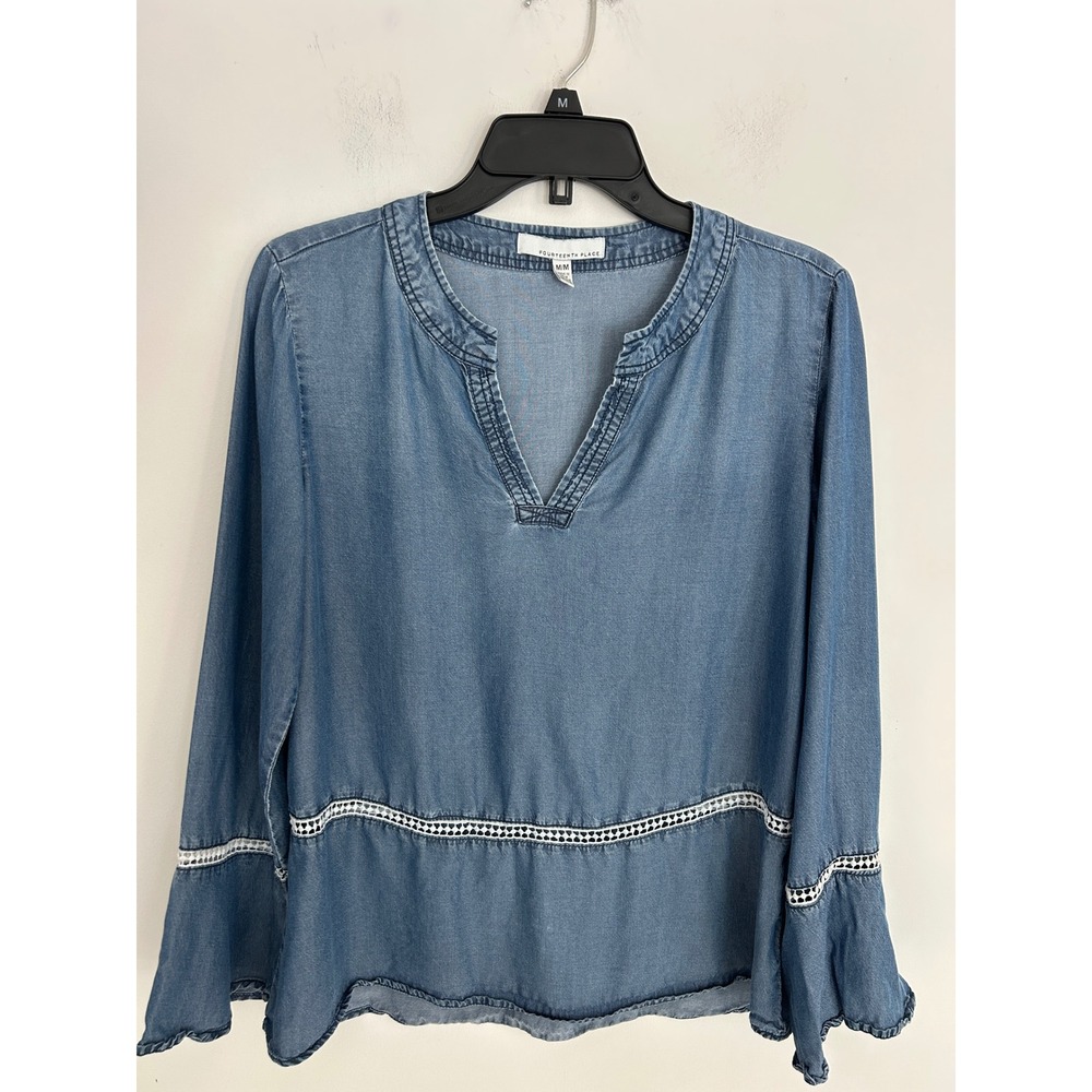 Fourteenth Place Blue Chambray Lace Trim Bell Sleeve V-Neck Boho Women medium